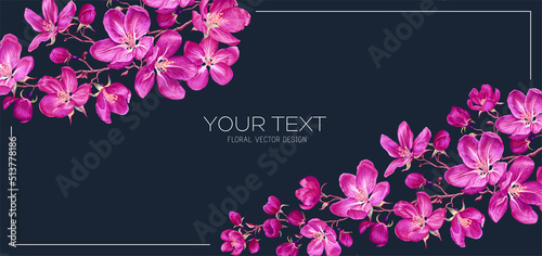 Spring banner with apricot flowers blooming branches. White with pink flowers on dark background, place for text. Banner for social networks, outdoor advertising. Highly realistic flowers, vector