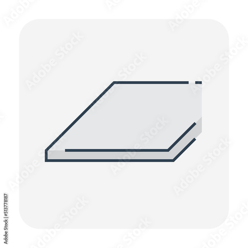 Plasterboard vector icon. May called drywall, gypsum board, sheetrock or gypsum panel. Construction material with thickness, fire resistant or insulated for wall, ceiling. Installation by adhesive.
