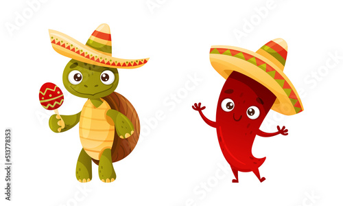 Green Turtle and Chilli Pepper in Sombrero Hat Playing Maraca as Mexican Culture Symbols Vector Set