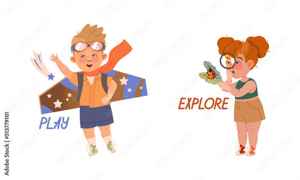 Funny Boy Playing Flying Plane and Girl Exploring Nature with ...