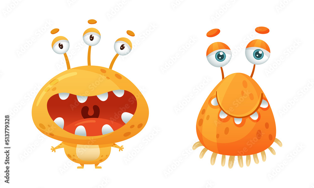 Cute Monster Character as Toothy Mutant with Antenna and Funny Friendly Face and Big Mouth Vector Set