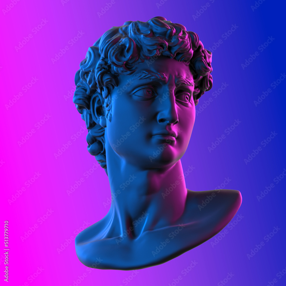 Abstract concept illustration of marble male classical bust from 3d rendering on gradient background in pink and blue vaporwave design.