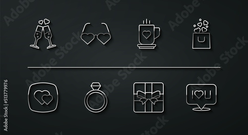 Set line Glass of champagne, Heart, Shopping bag with heart, Gift box, Wedding rings, shaped love glasses, Speech bubble text I you and Coffee cup and icon. Vector