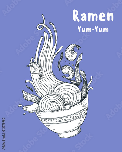 Bowl noodles and chopsticks sketch. Ramen logo. Asian food. Chinese, Korean, Japanese cuisine. Logo template. Hand drawn vector illustration.