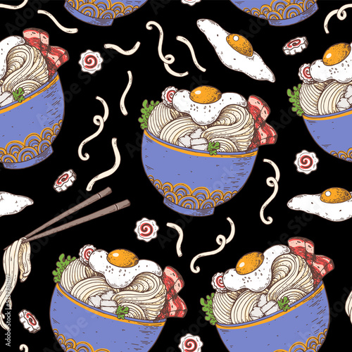 Bowl noodles seamless pattern. Ramen bowl background. Asian food. Chinese, Korean, Japanese cuisine. Design template. Hand drawn vector illustration.