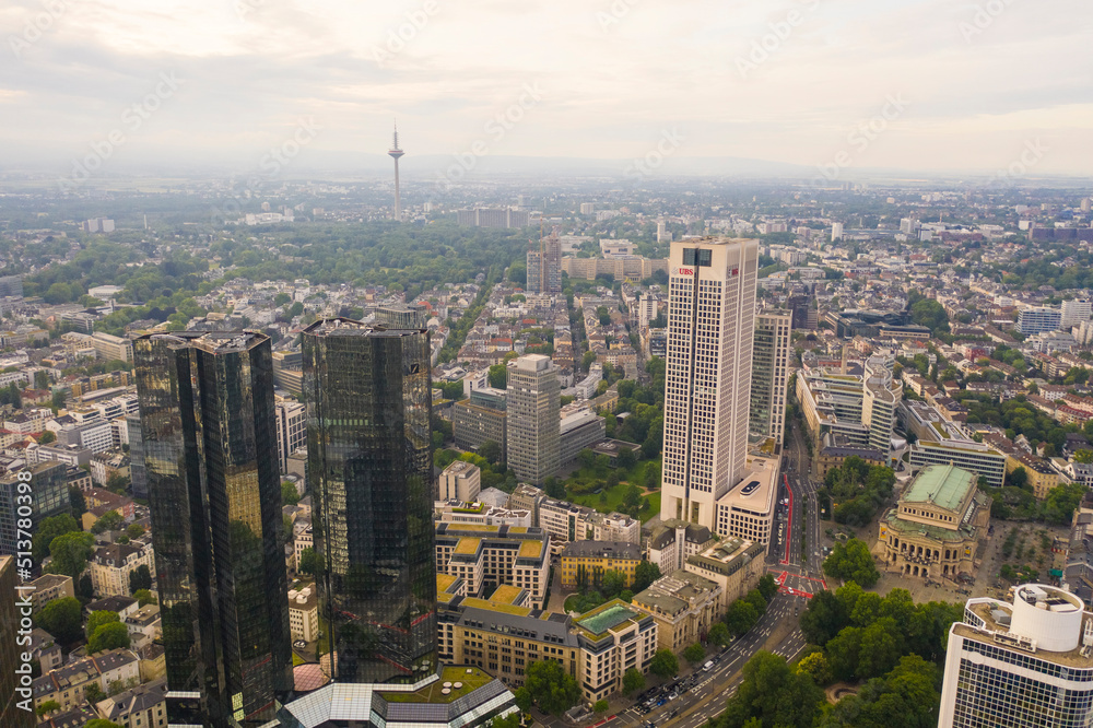 Obraz premium Aerial view of the financial district in Frankfurt with skyscrapers, banks and office buildings, Frankfurt