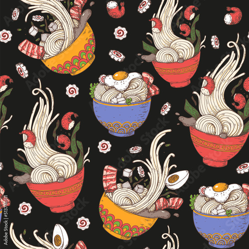 Bowl noodles seamless pattern. Ramen bowl background. Asian food. Chinese, Korean, Japanese cuisine. Design template. Hand drawn vector illustration.
