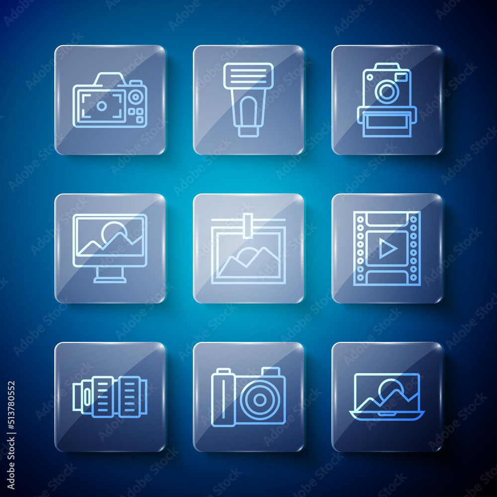 Set line Camera photo lens, Photo camera, retouching, frame, and film roll cartridge icon. Vector Set line Camera photo lens, Photo camera, retouching, frame, and film roll cartridge icon. Vector