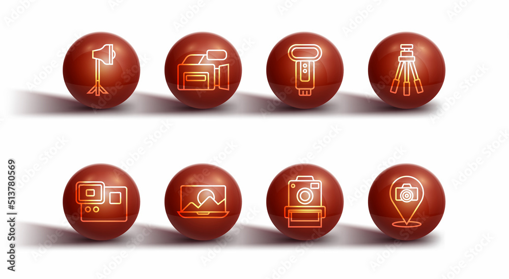Set line Studio light bulb in softbox, Action extreme camera, Tripod, Photo, retouching, Cinema, and flash icon. Vector Set line Studio light bulb in softbox, Action extreme camera, Tripod, Photo, retouching, Cinema, and flash icon. Vector