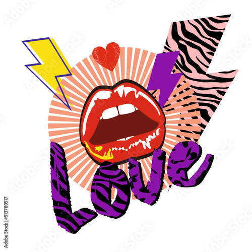 Design for a t-shirt with lips and a flying heart next to a animal print lightning symbol. Vector illustration with glam rock style