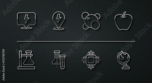Set line Lightning bolt, Test tube flask on stand, Apple, Processor CPU, Earth globe and Molecule icon. Vector