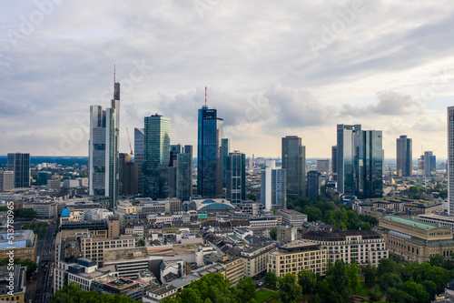 Aerial view of the financial district in Frankfurt with skyscrapers  banks and office buildings  Frankfurt