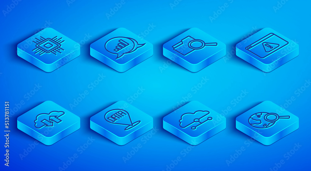 Set line Processor CPU, Pie chart infographic, Search with folder, Data analysis, Network cloud connection, Browser exclamation mark, Cloud download and upload and globe icon. Vector Set line Processor CPU, Pie chart infographic, Search with folder, Data analysis, Network cloud connection, Browser exclamation mark, Cloud download and upload and globe icon. Vector