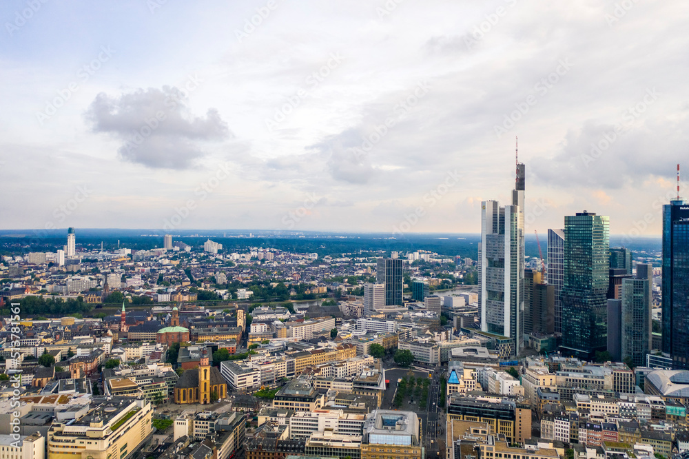 Aerial view of the city center of Frankfurt with a tower of a bank, Frankfurt, Germany