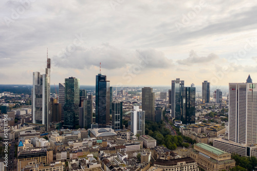 Aerial view of the financial district in Frankfurt with skyscrapers, banks and office buildings, Frankfurt