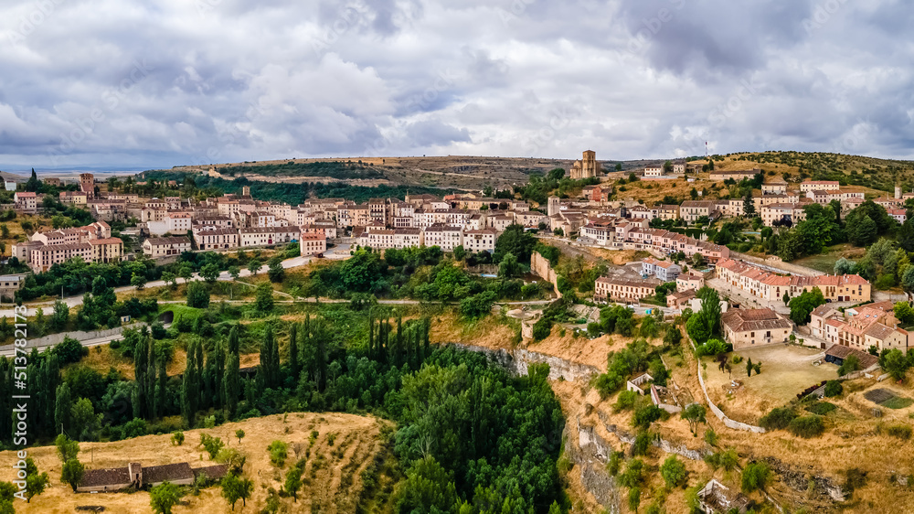 Aerial view of a medieval village built on the side of the hills, Sepulveda, Spain.