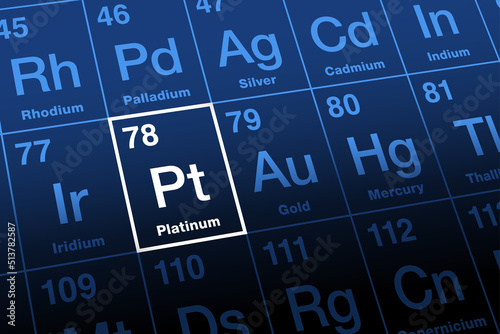Platinum on periodic table of the elements. Noble and heavy metal with chemical symbol Pt (Spanish plata for Silver), with atomic number 78. Used in catalytic converters and for electrical compounds.