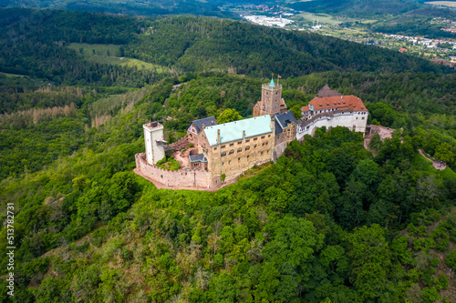 Aerial view of Forest and Wartburg castle in Eisenach city in Thuringia