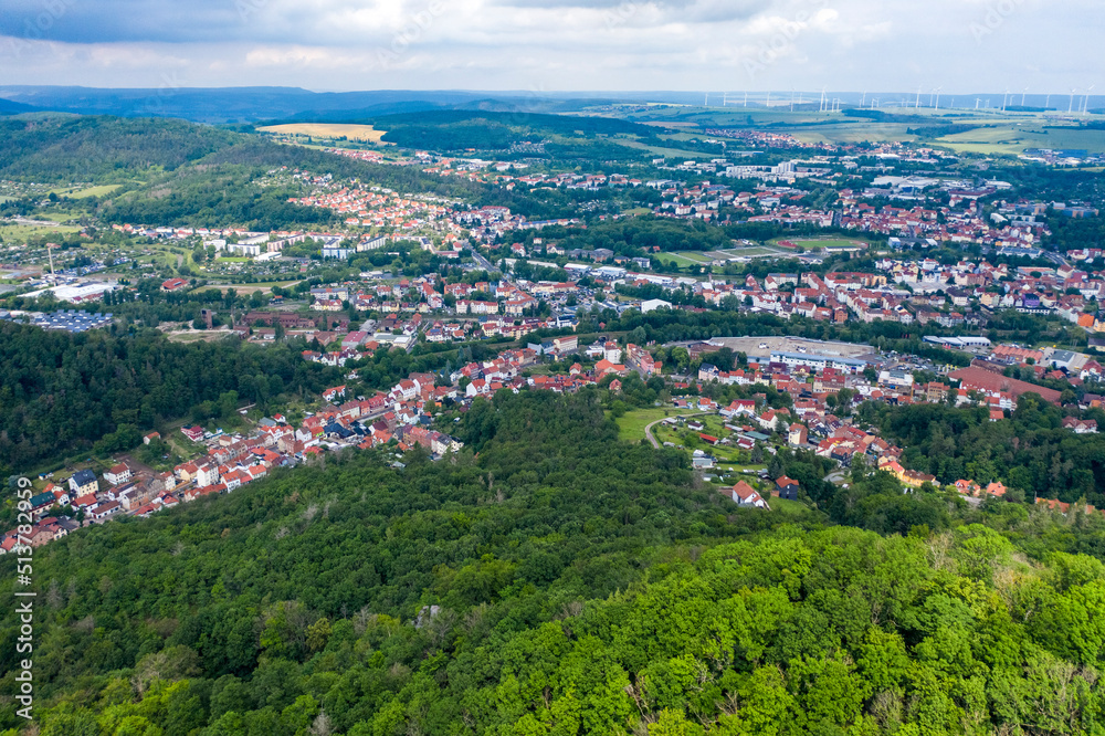 Aerial view of the skyline or citysccape of Eisenach with vast forest and green surrondings, Eisenach, Germany