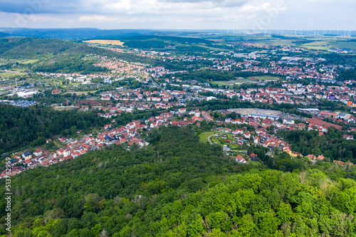 Aerial view of the skyline or citysccape of Eisenach with vast forest and green surrondings, Eisenach, Germany photo