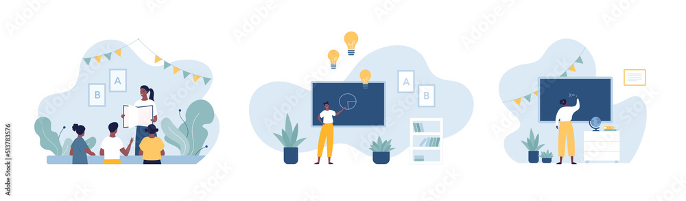 Education and back to school concept set. Vector flat people illustration. Boy, girl and teacher african american character. Class equipment, black board, book, lightbulb symbol. Education and back to school concept set. Vector flat people illustration. Boy, girl and teacher african american character. Class equipment, black board, book, lightbulb symbol.