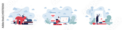 Education and graduation concept set. Vector flat people illustration. Male and female african american college student character. Book, hourglass, diploma, apple, laptop symbol.