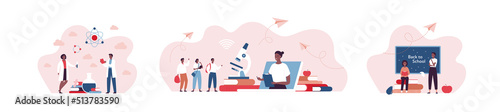 Education, back to school and science concept set. Vector flat people illustration. Boy, girl and teacher african american character. Book, black board, microscope, lightbulb and laptop symbol.