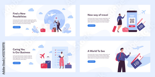 Global business travel and tourism concept collection. Vector flat illustration. Banner template set. Male and female tourist and businessman character. Airplane, smartphone, id, ticket symbol. © tasty_cat