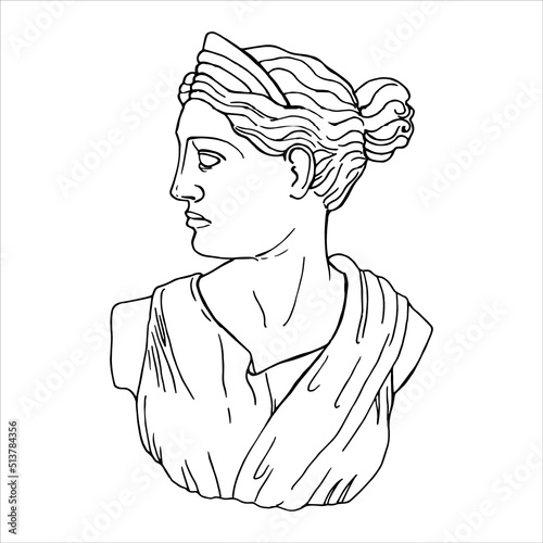 Line drawings of heads of antique statues of goddess and mythical god in engraving style. Creative minimal linear woman vector. Greek sculptures