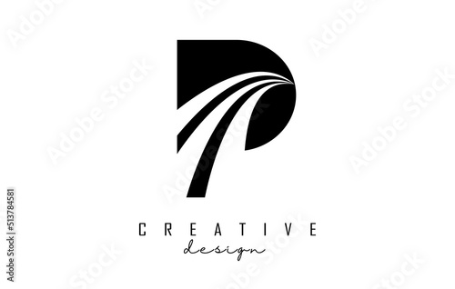 Black letter P logo with leading lines and road concept design. Letter P with geometric design.