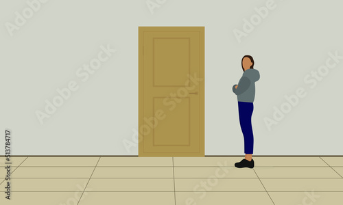 Female character with arms folded on her chest stands near the closed door in the room