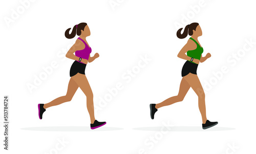 Two female characters in sportswear running on a white background