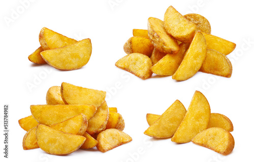 Collection of delicious potato wedges, isolated on white background