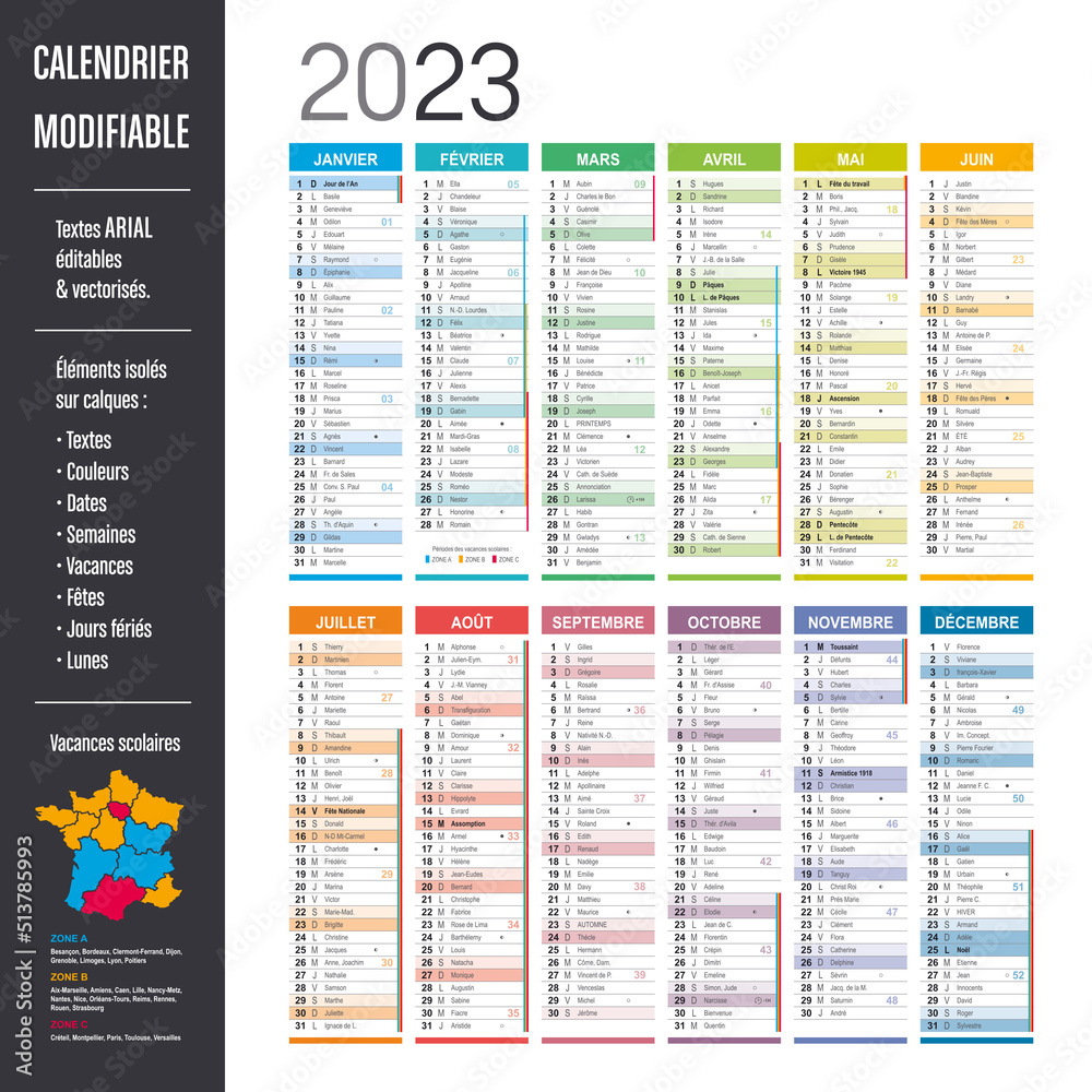 Calendrier 2023 modifiable - Eléments isolés sur calques, textes en