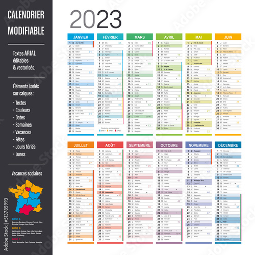 Calendrier 2023 modifiable - Eléments isolés sur calques, textes en Arial, éditables et vectorisés.