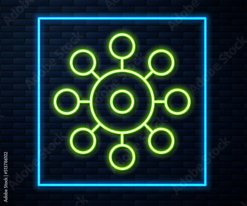 Glowing neon line Virus icon isolated on brick wall background. Corona virus 2019-nCoV. Bacteria and germs, cell cancer, microbe, fungi. Vector