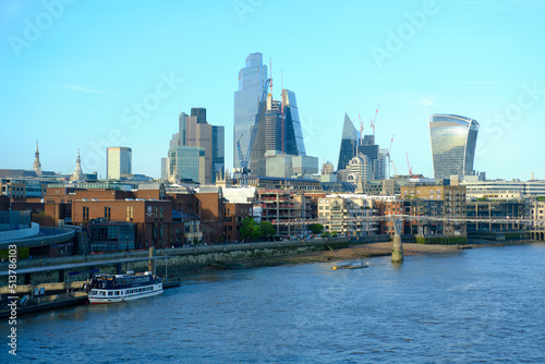 London, UK - 14 May 2022. City skyline and river Thames viewed from Blackfriars Station. An afternoon shot with clear blue sky.