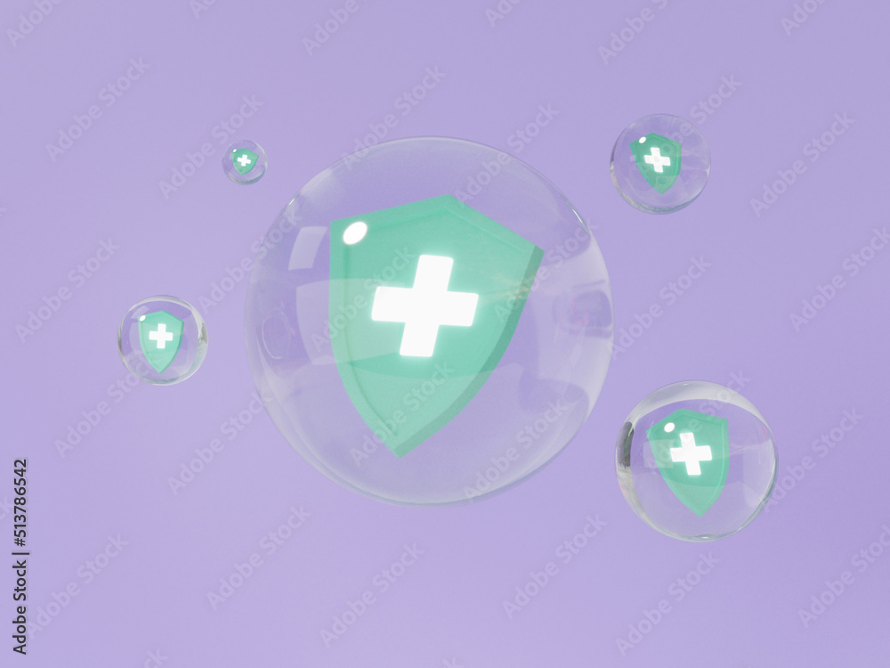 Health care concept. medical protection shield green floating on purple background with security protect insurance immune system. 3d render illustration Health care concept. medical protection shield green floating on purple background with security protect insurance immune system. 3d render illustration