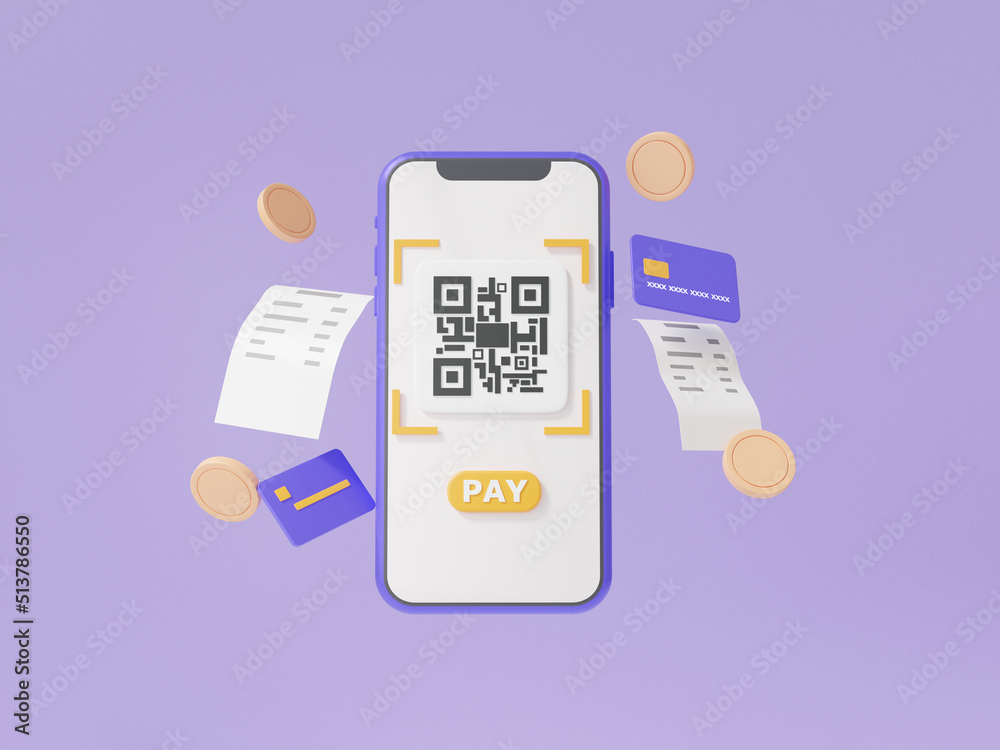 QR code scanning via mobile phone with bill coin floating on purple ...