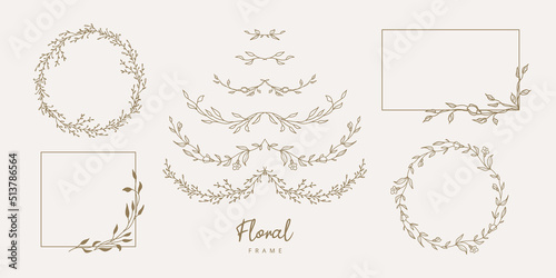 Hand drawn floral frames and divider with flowers and leaves.Elegant logo template.Vector illustration vintage decorative elements for label,branding business identity,wedding invitation,greeting card