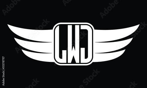 LWJ three Letter Wings Flying Initial wing symbol minimalist creative concept flag icon professional logo design Vector template with abstract black and white tattoo photo