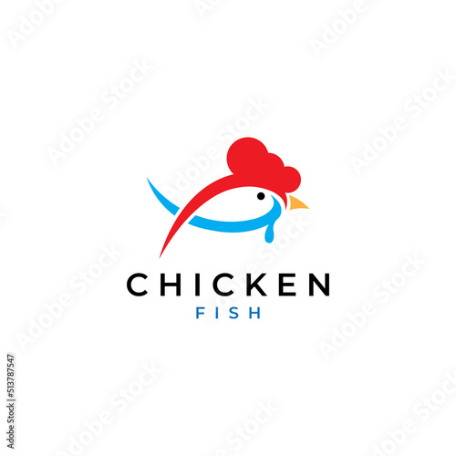 Chicken logo, rooster head logo with fish combination. Logo for company business, restaurant or restaurant or food stall. Using penditan simple vector illustration.