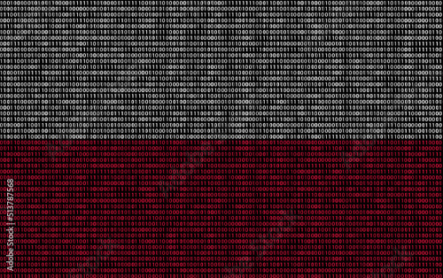 Poland flag superimposed on duplicate computer code that permeates each other. The matrix-like binary code consists of 0s and 1s and has a vertical position.	