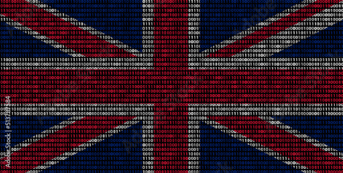 United Kingdom flag superimposed on duplicate computer code that permeates each other. The matrix-like binary code consists of 0s and 1s and has a vertical position. 