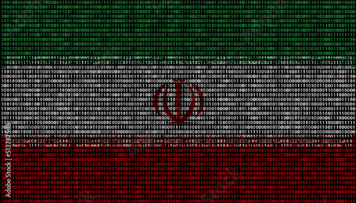 Iran flag superimposed on duplicate computer code that permeates each other. The matrix-like binary code consists of 0s and 1s and has a vertical position.	