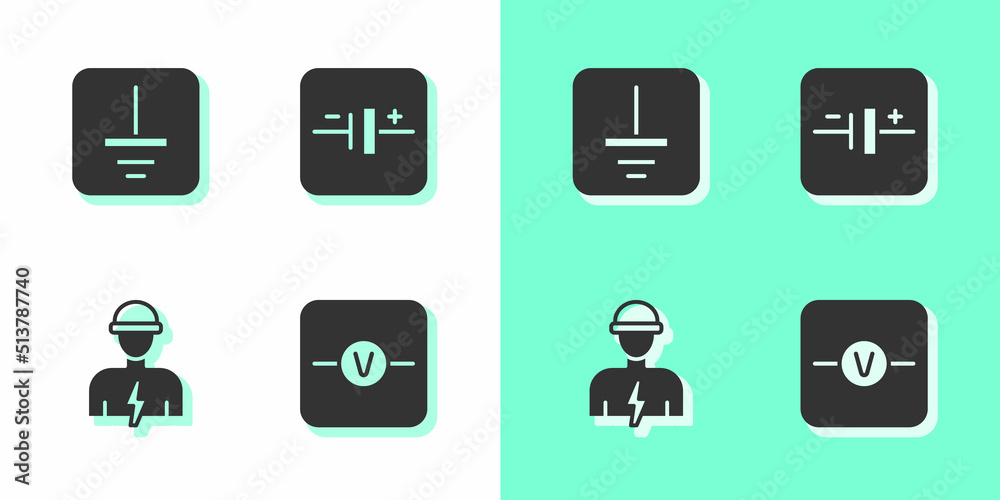 Set Voltmeter, Electrical symbol ground, Electrician and DC voltage source icon. Vector Set Voltmeter, Electrical symbol ground, Electrician and DC voltage source icon. Vector