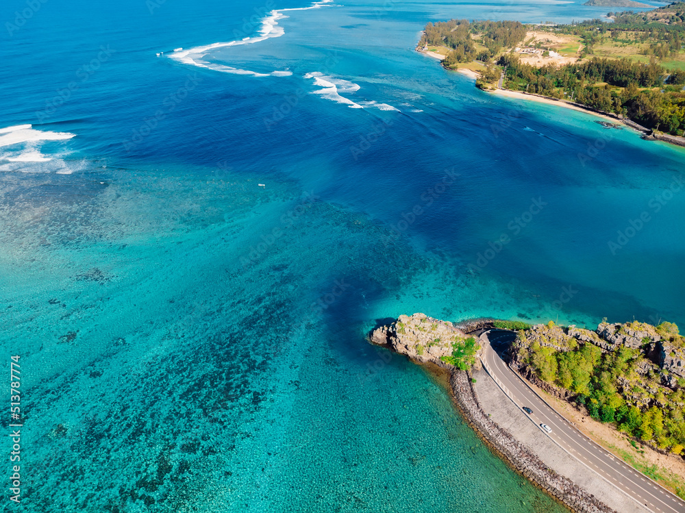 Maconde point and blue ocean, aerial View. Scenic cape in Mauritius