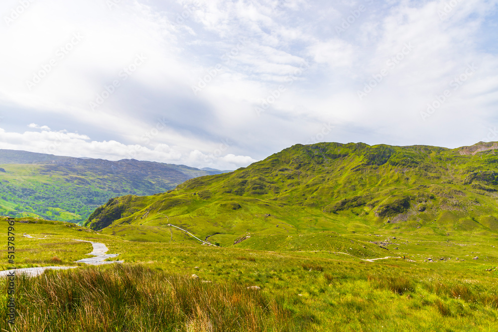 Naklejka premium Beautiful landscape panorama of Snowdonia National Park in North Wales. UK