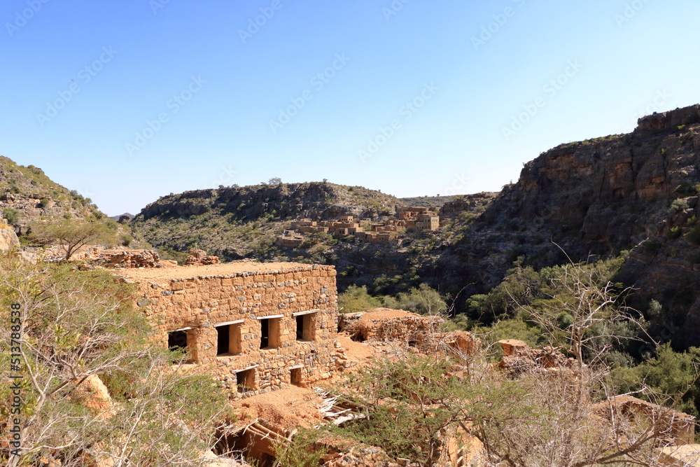 View of ruins of an abandoned village at the Wadi Bani Habib at the Jebel Akhdar mountain in Oman