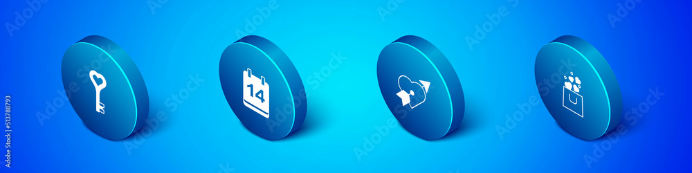 Set Isometric Key in heart shape, Amour with and arrow, Shopping bag and Calendar February 14 icon. Vector Set Isometric Key in heart shape, Amour with and arrow, Shopping bag and Calendar February 14 icon. Vector